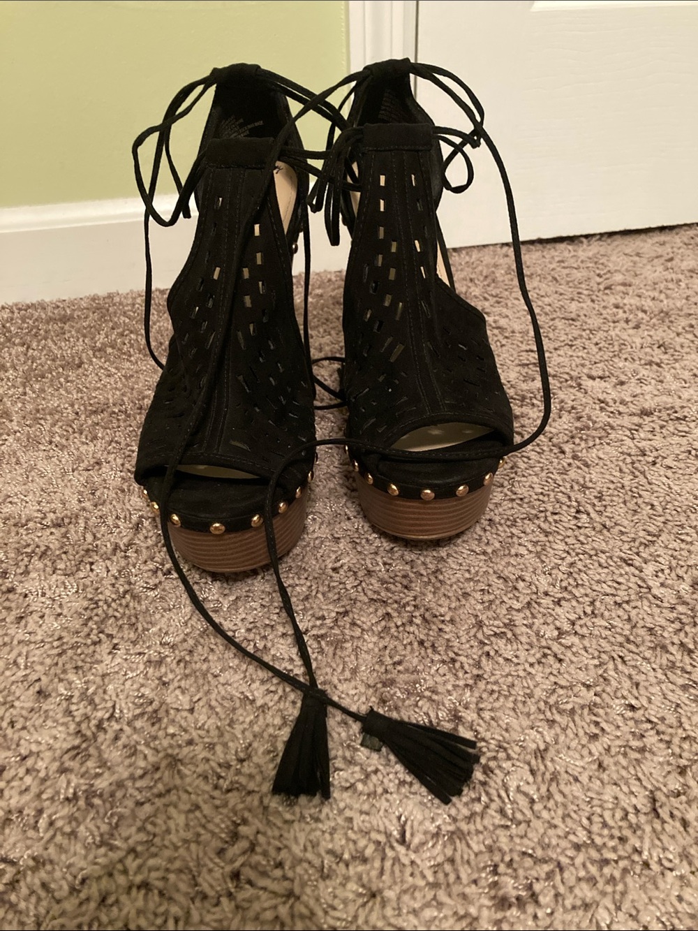 JustFab Black Perforated Lace-Up Peep Toe Platform Heels with Tassel Ties